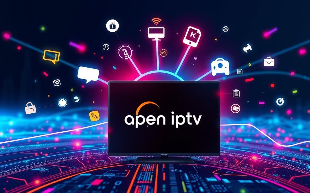Een digitale illustratie toont een scherm met open IPTV met kleurrijke iconen die sociale media, technologie en communicatie vertegenwoordigen. De levendige achtergrond bevat neonlichten en circuitpatronen, die symboliseren hoe IPTV-bufferproblemen kunnen worden opgelost voor naadloze streaming.