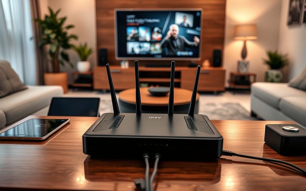 Een moderne woonkamer met een draadloze router op een houten tafel op de voorgrond. Op de achtergrond toont een flatscreen-tv een IPTV-interface. De kamer beschikt over een bank, lamp en tablet op de tafel, die naadloze streaming zonder bufferproblemen bieden.
